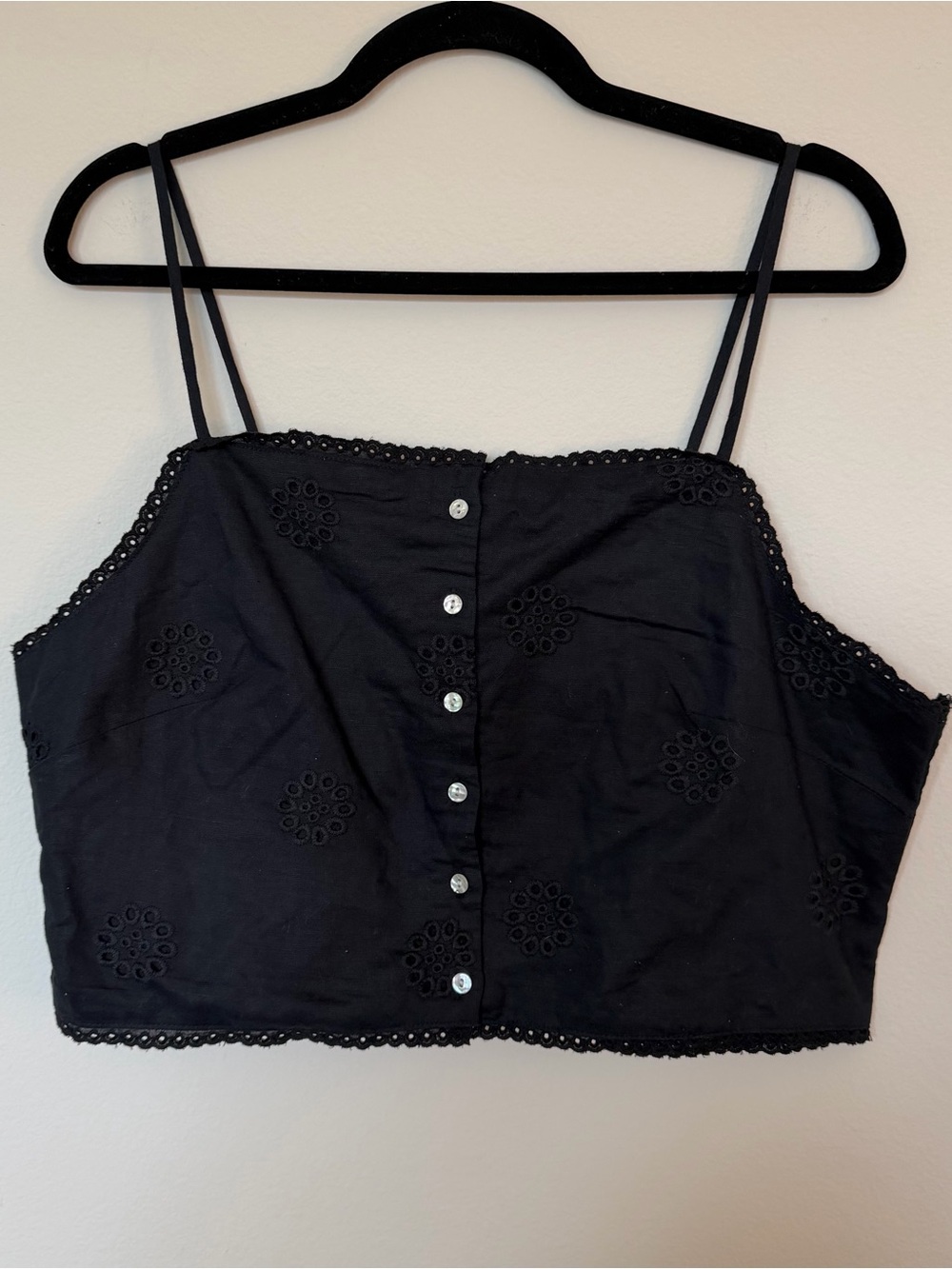 Joie Black Eyelet Lace Smocked Crop Cami XL